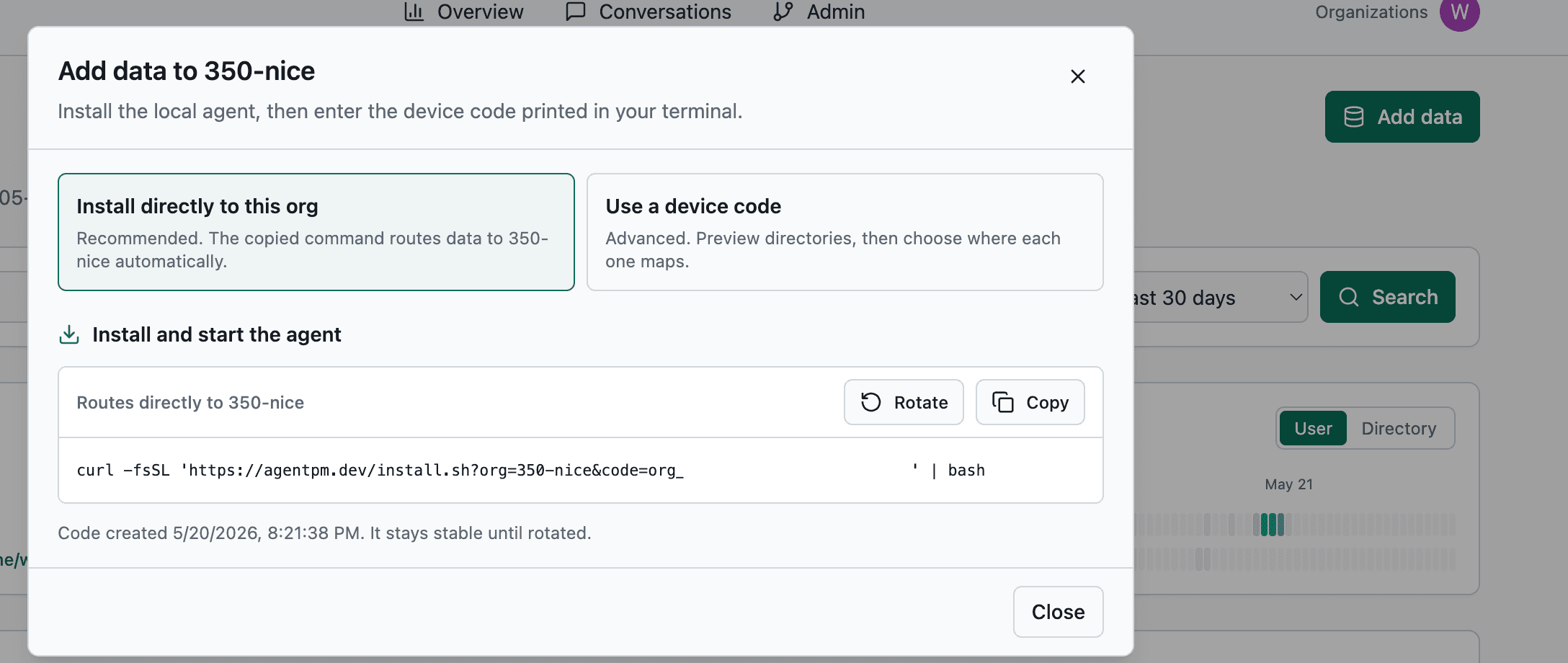AgentPM Add data dialog with a direct install command.
