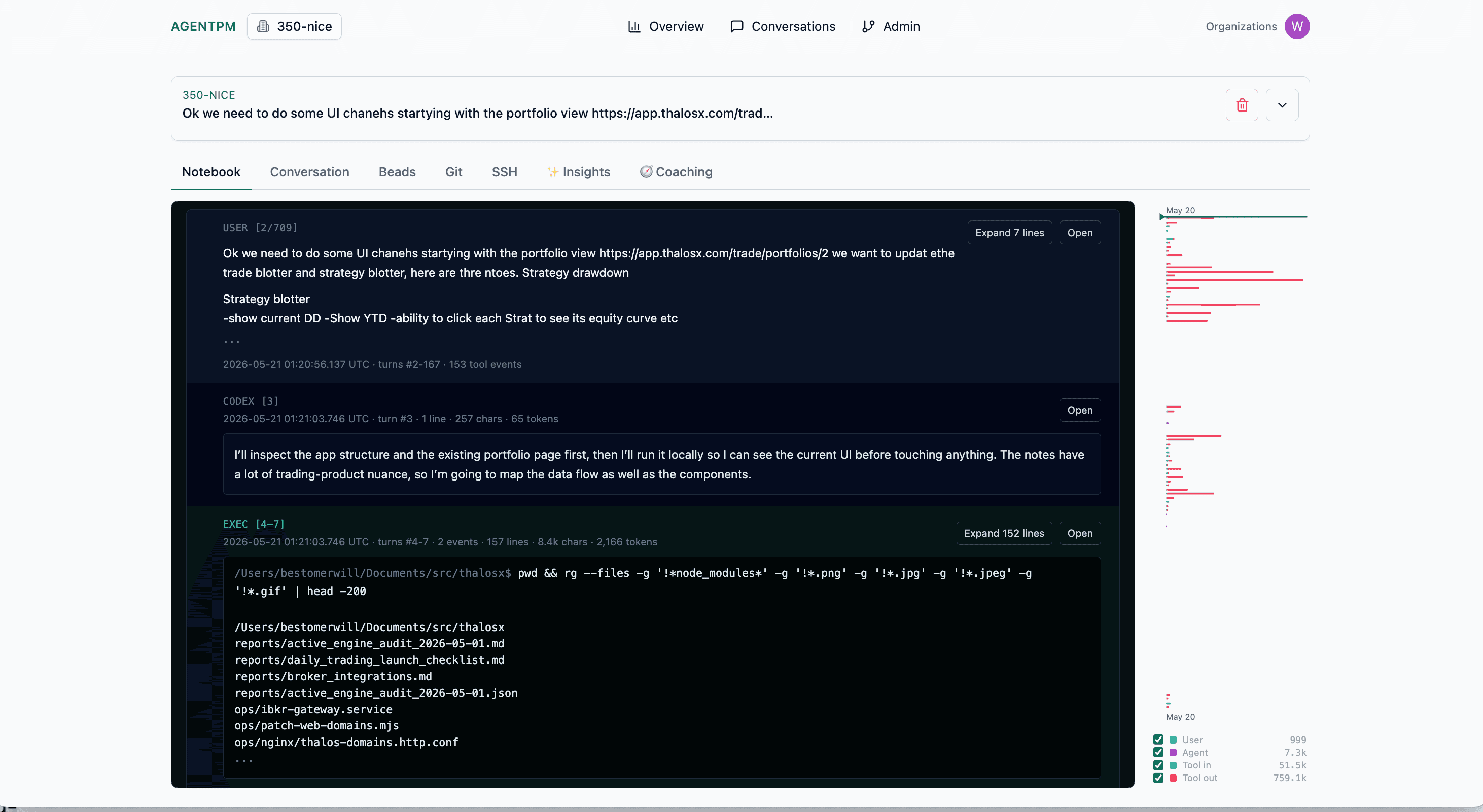 AgentPM conversation notebook with transcript blocks and minimap.