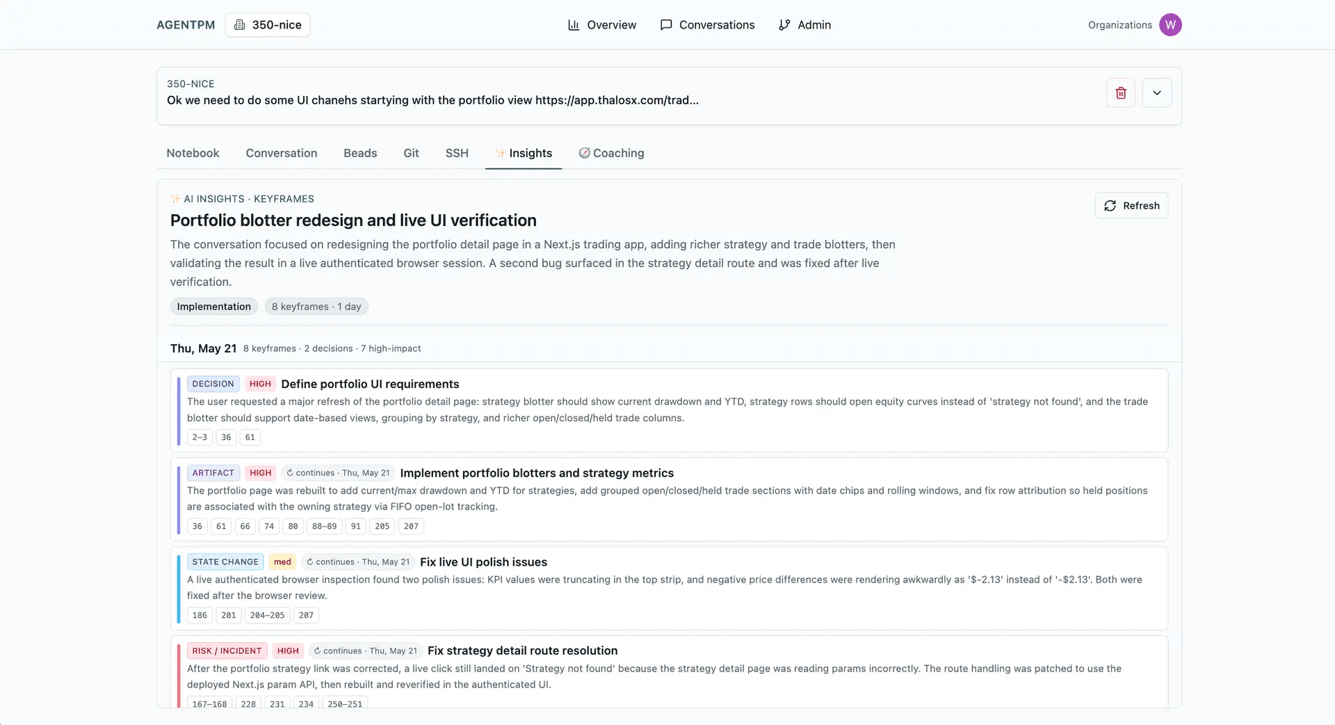 AgentPM conversation insights with keyframes, risks, and unresolved work.