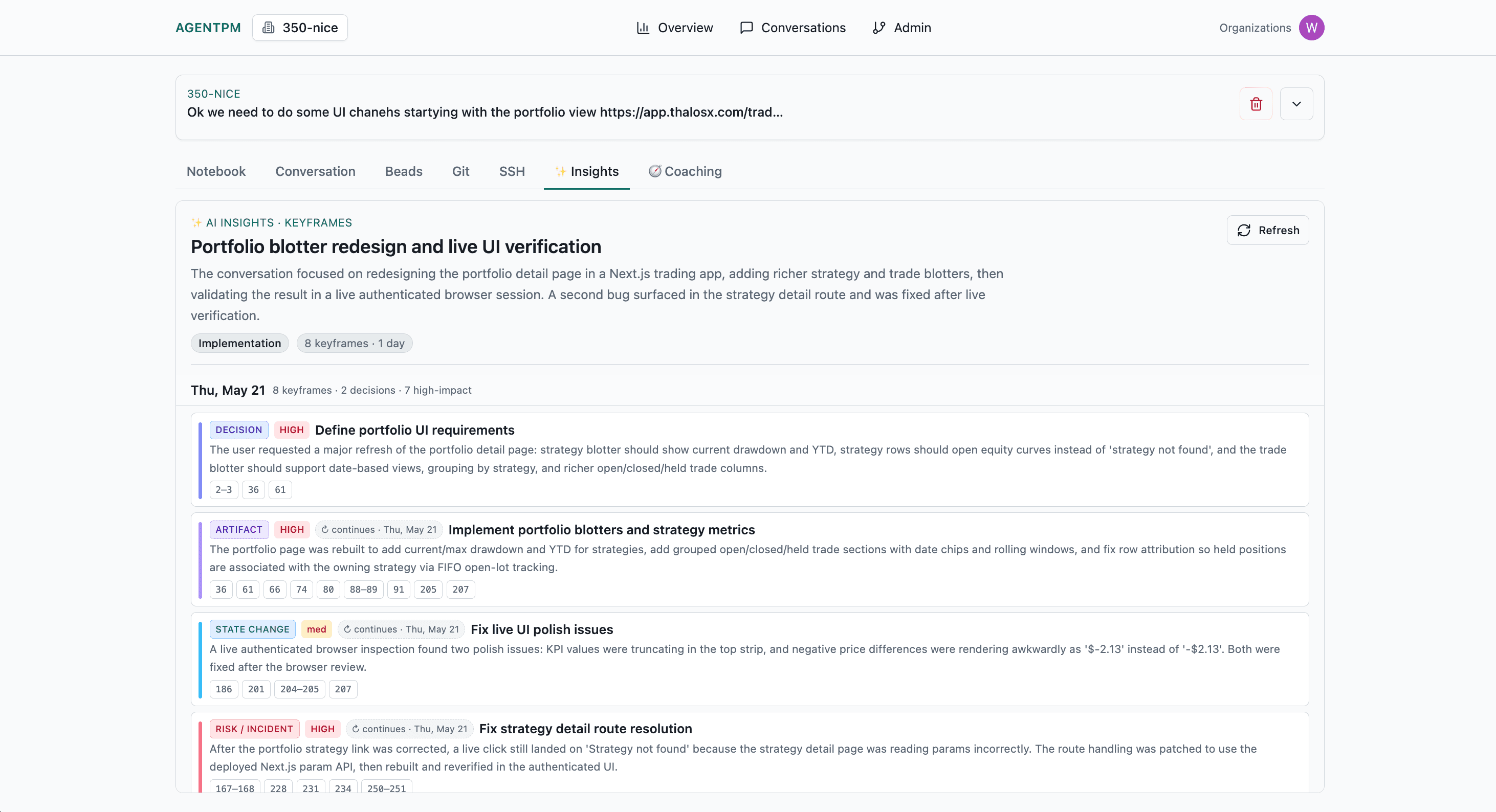 AgentPM Insights page with extracted keyframes.