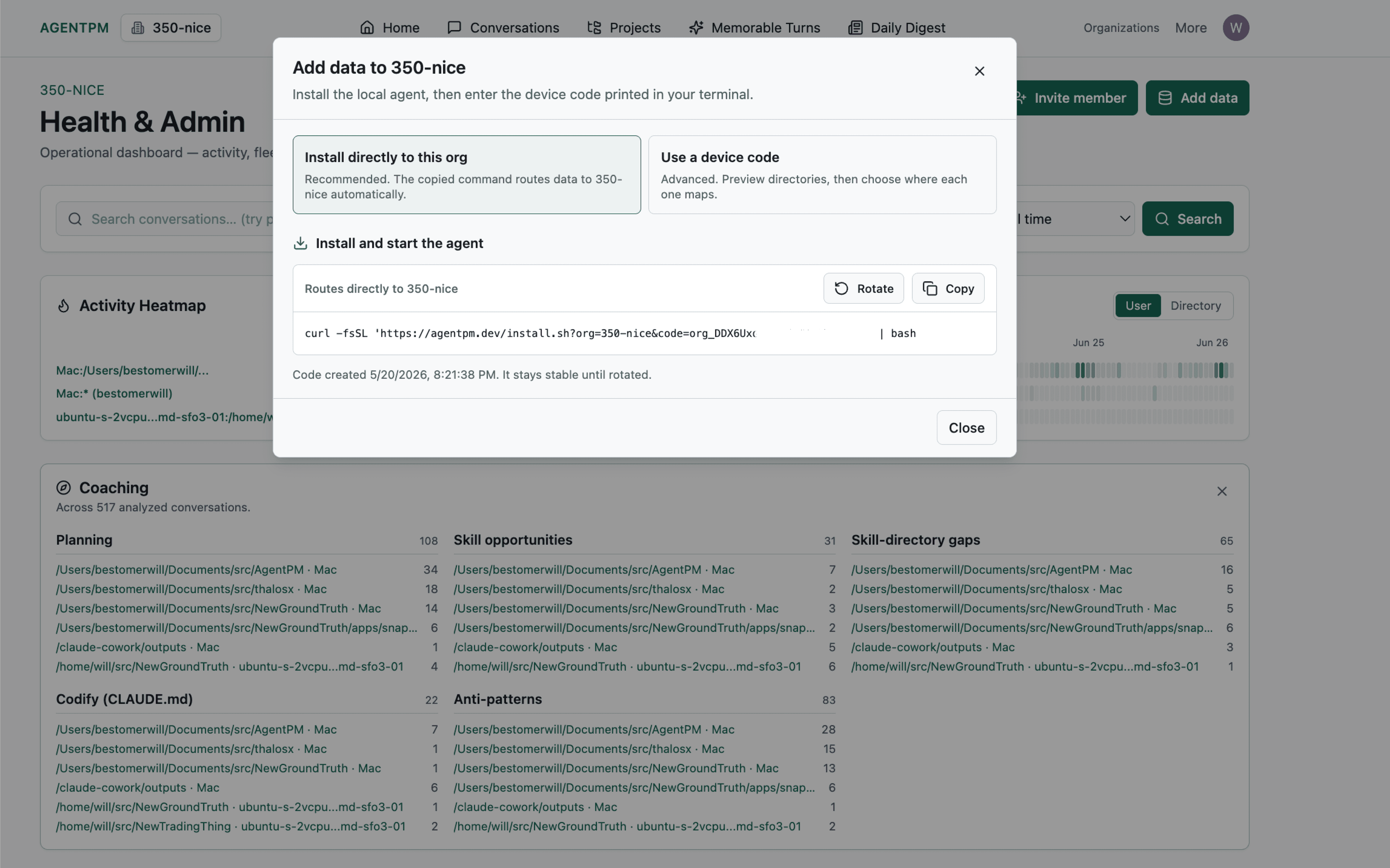 AgentPM Add data screen with the install command.