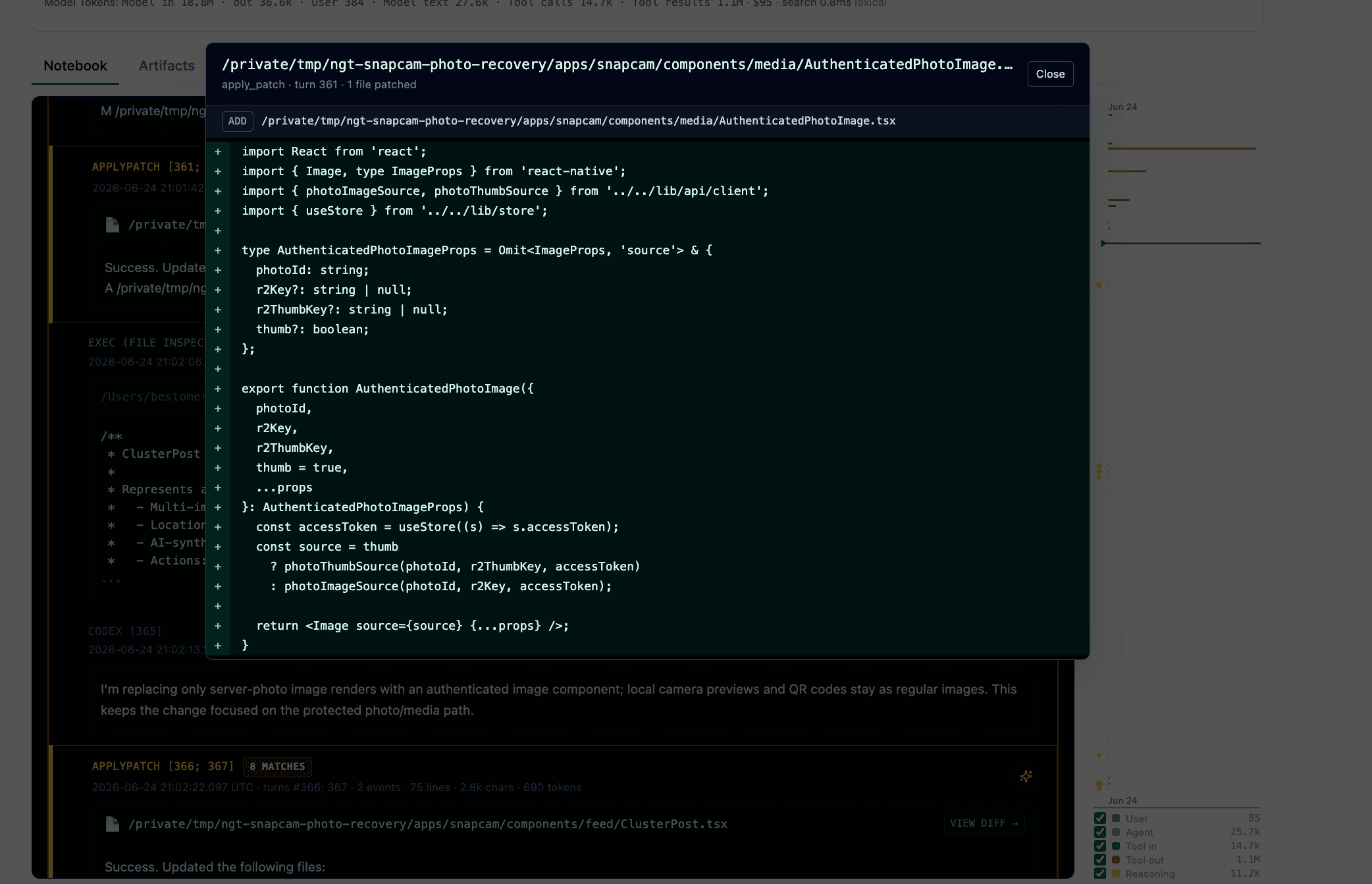 Inspect the exact code change. The source-linked diff opens directly from the matching notebook event, showing the file and patch that changed the behavior.