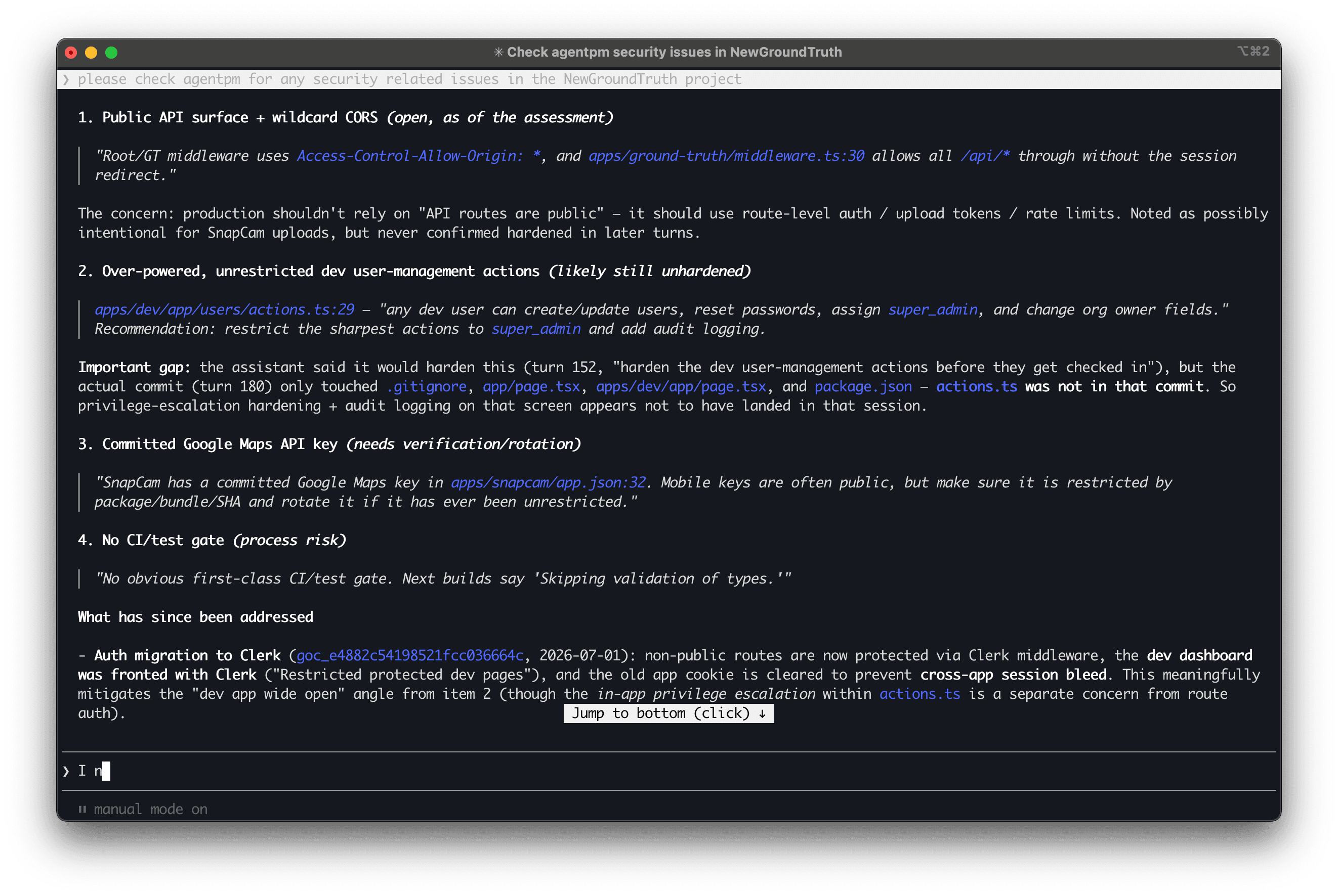 Review security posture from the work history. A coding agent reviews source-linked concerns, distinguishes remediated controls from open work, and checks whether promised hardening appeared in the resulting changes.