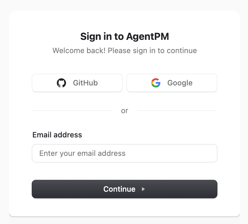 AgentPM sign-in page with GitHub, Google, and email options.
