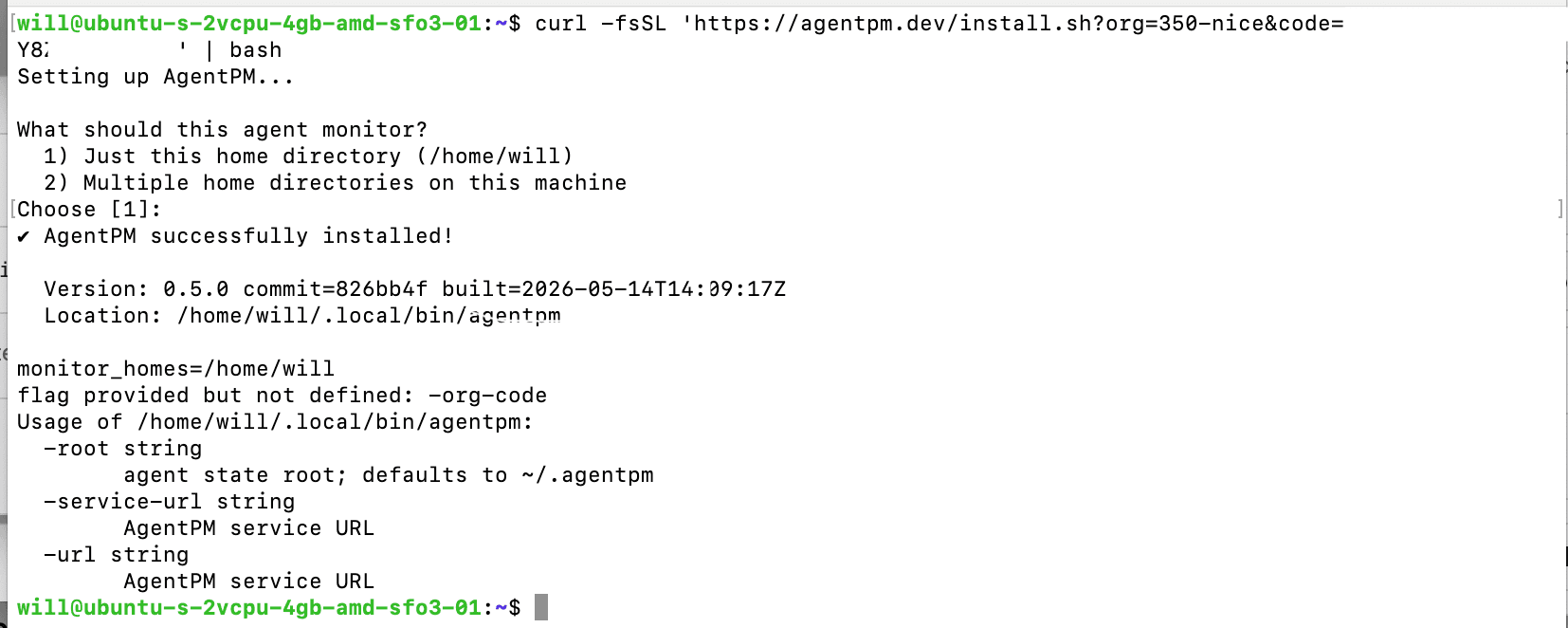Terminal showing the AgentPM installer completing on an Ubuntu machine.
