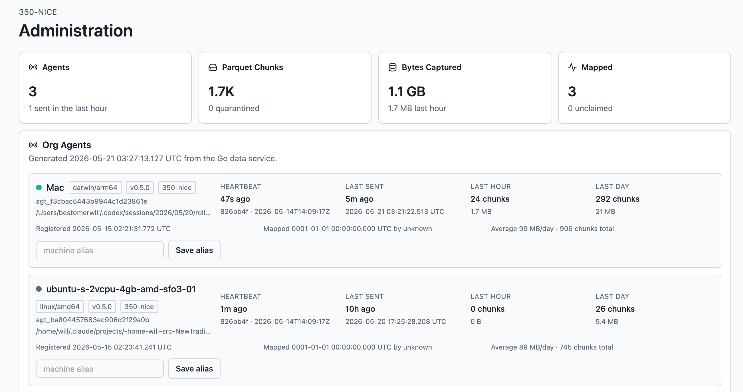 AgentPM Administration page listing connected org agents and upload statistics.