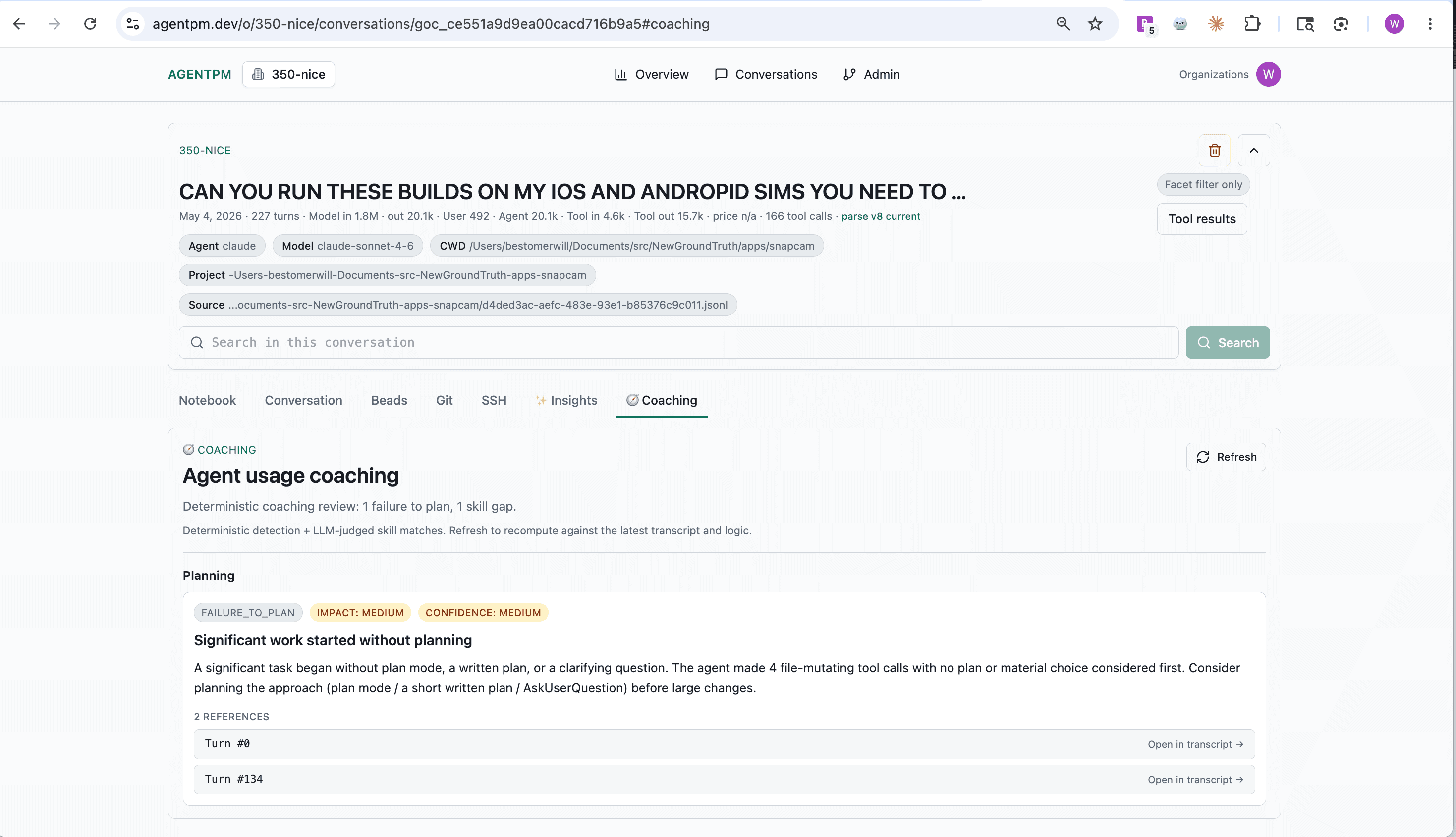 Conversation coaching page showing a planning finding and transcript references.