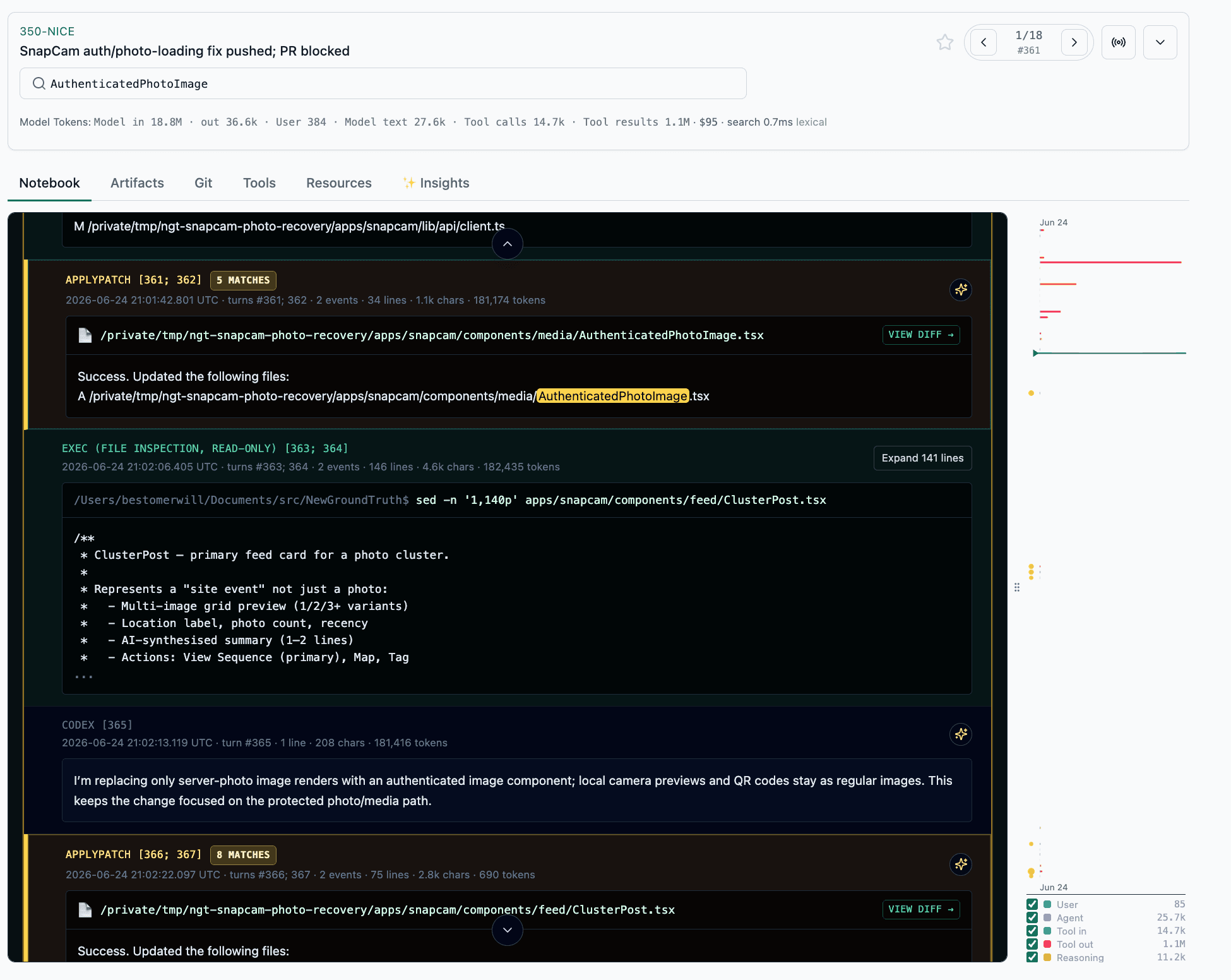Search inside the full notebook. A notebook search for AuthenticatedPhotoImage lands on the exact ApplyPatch event, with the surrounding tool activity and timeline still visible.